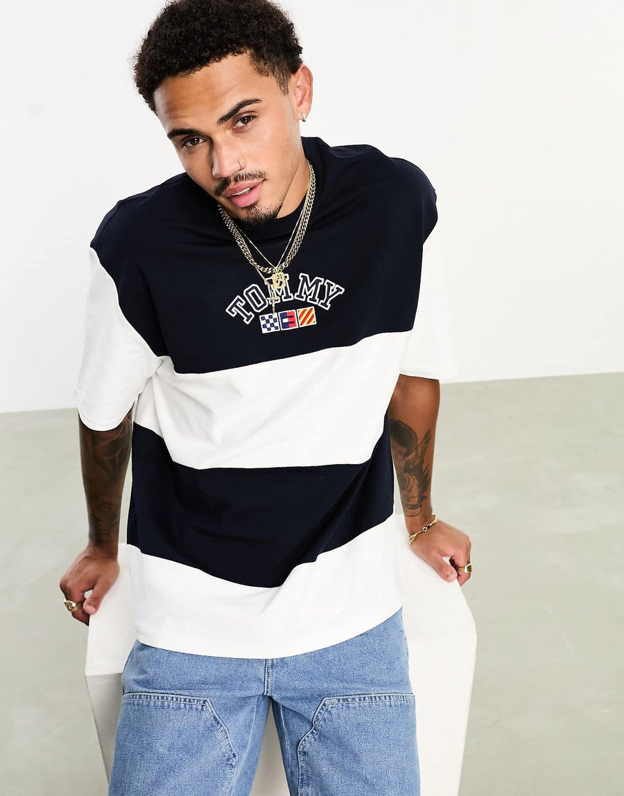 Tommy Jeans textured logo t-shirt in blue stripe